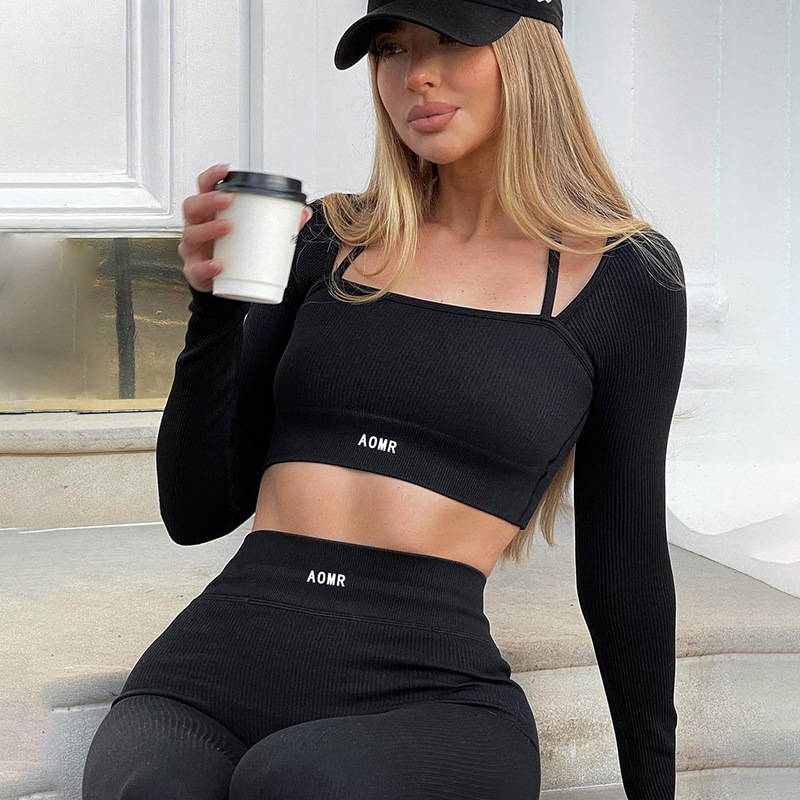 Womens 2-Piece Workout Set Sportswear Yoga Leggings, Long Sleeve Activewear